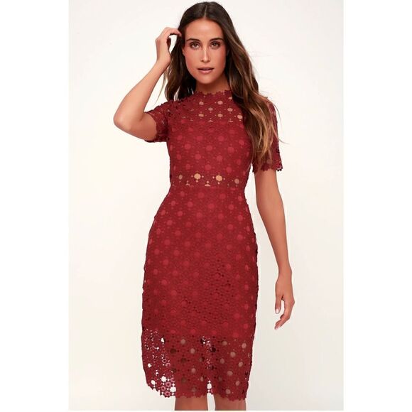 Lulus Burgundy Crochet Laced Bodycon Midi Dress Size S/ Party/ Cocktail/Formal - Picture 2 of 15